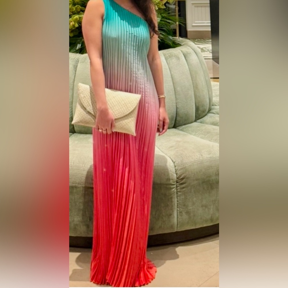 Nicole Miller Sleeveless One Shoulder Summer Sunset Ombré Satin Plissé Gown - Picture 5 of 11